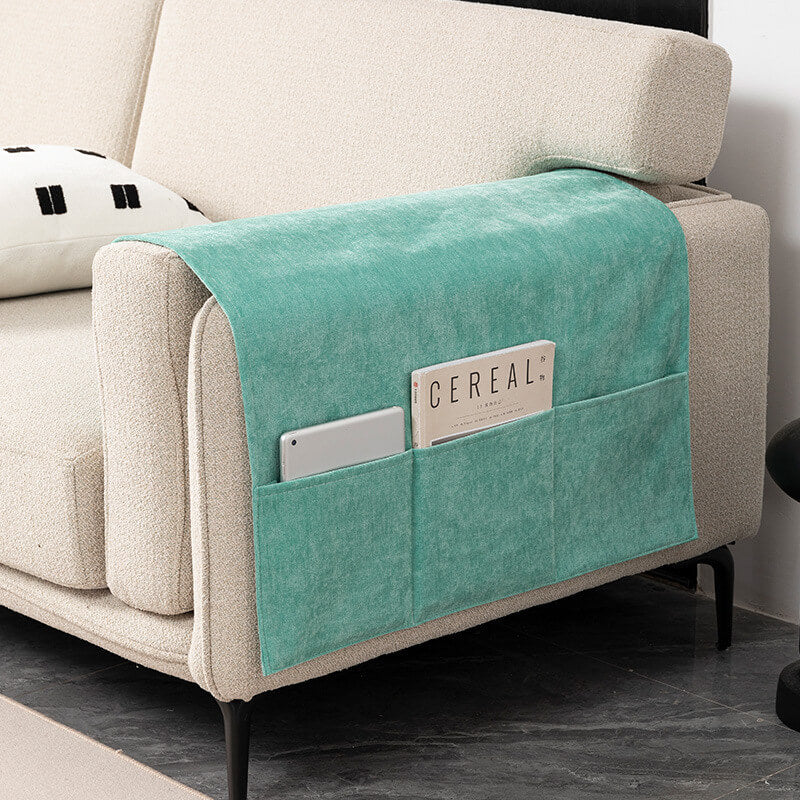 Chenille Anti-Scratch Sofa Armrest Cover with Magazine Holder, Comfortable Couch Protector for Living Room Furniture