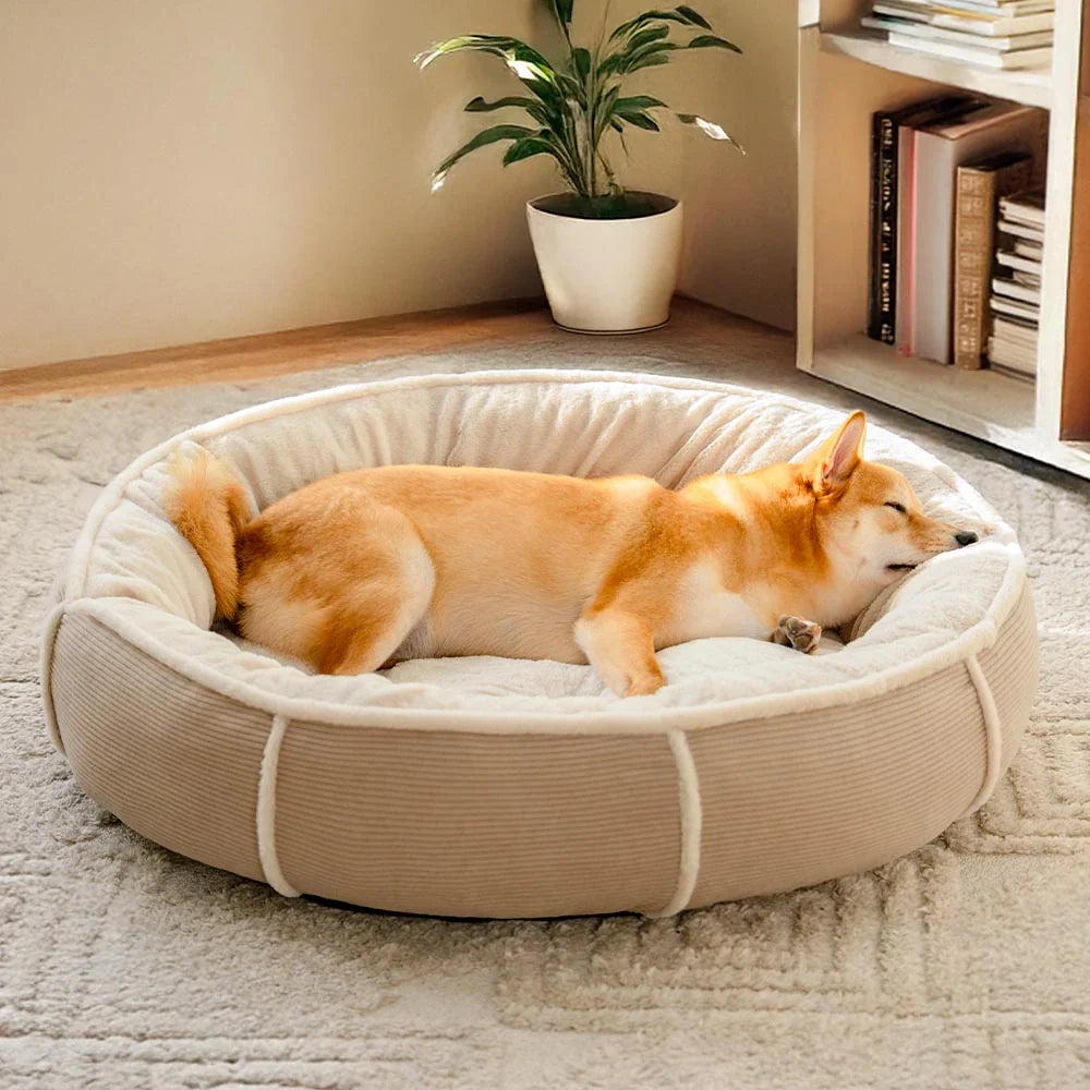 Ultra Plush Corduroy Donut Dog Bed for Anti-Anxiety Relief