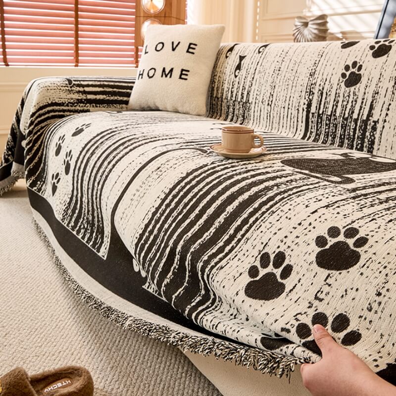 Cartoon Paw Print Chenille Anti-Scratch Sofa Throw Cover