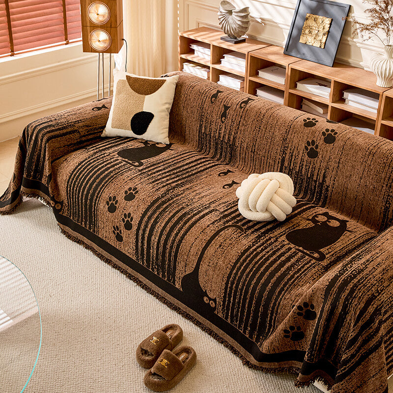 Cartoon Paw Print Chenille Anti-Scratch Sofa Throw Cover