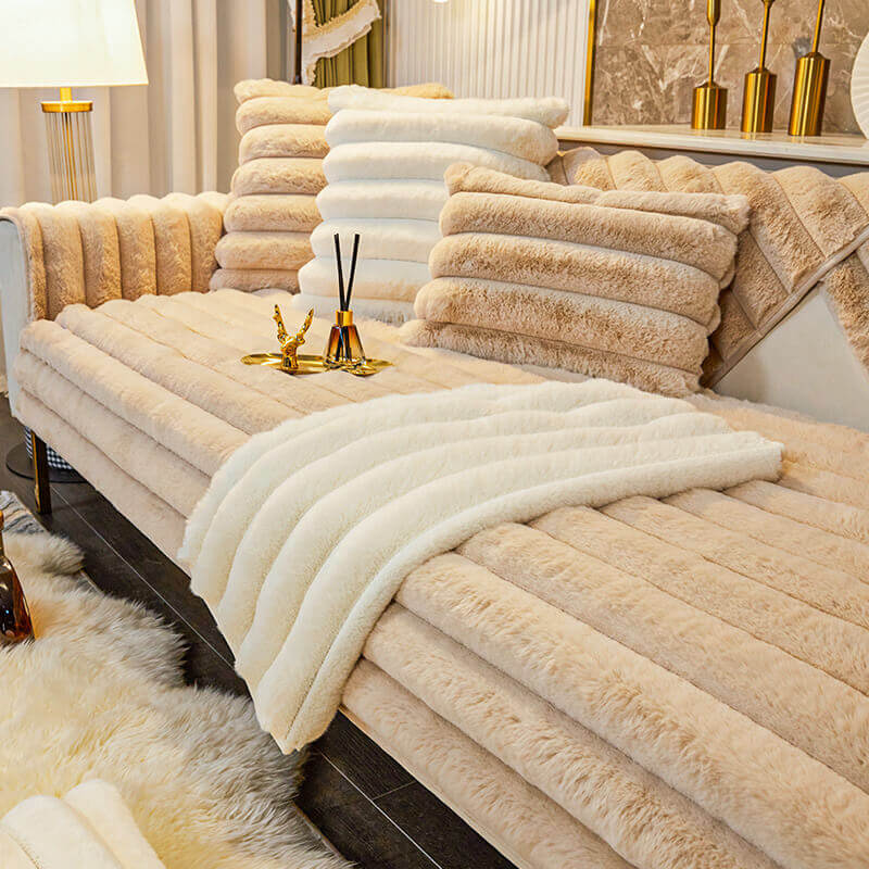 Rabbit Plush Sofa Cushion, Thickened Non-Slip L-Shaped Sofa Cover, Universal Towel Protector