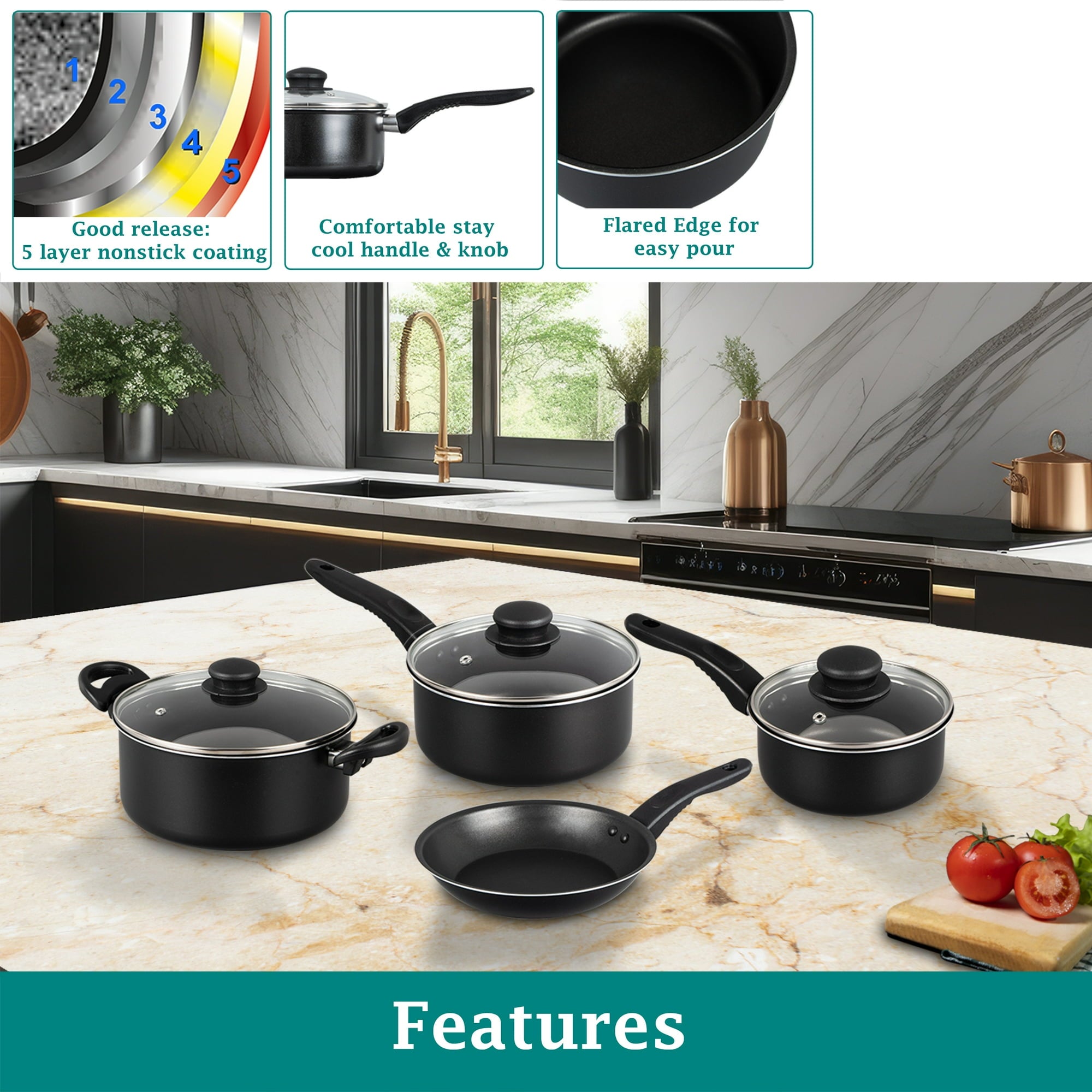 7-Piece Black Non-Stick Aluminum Cookware Set