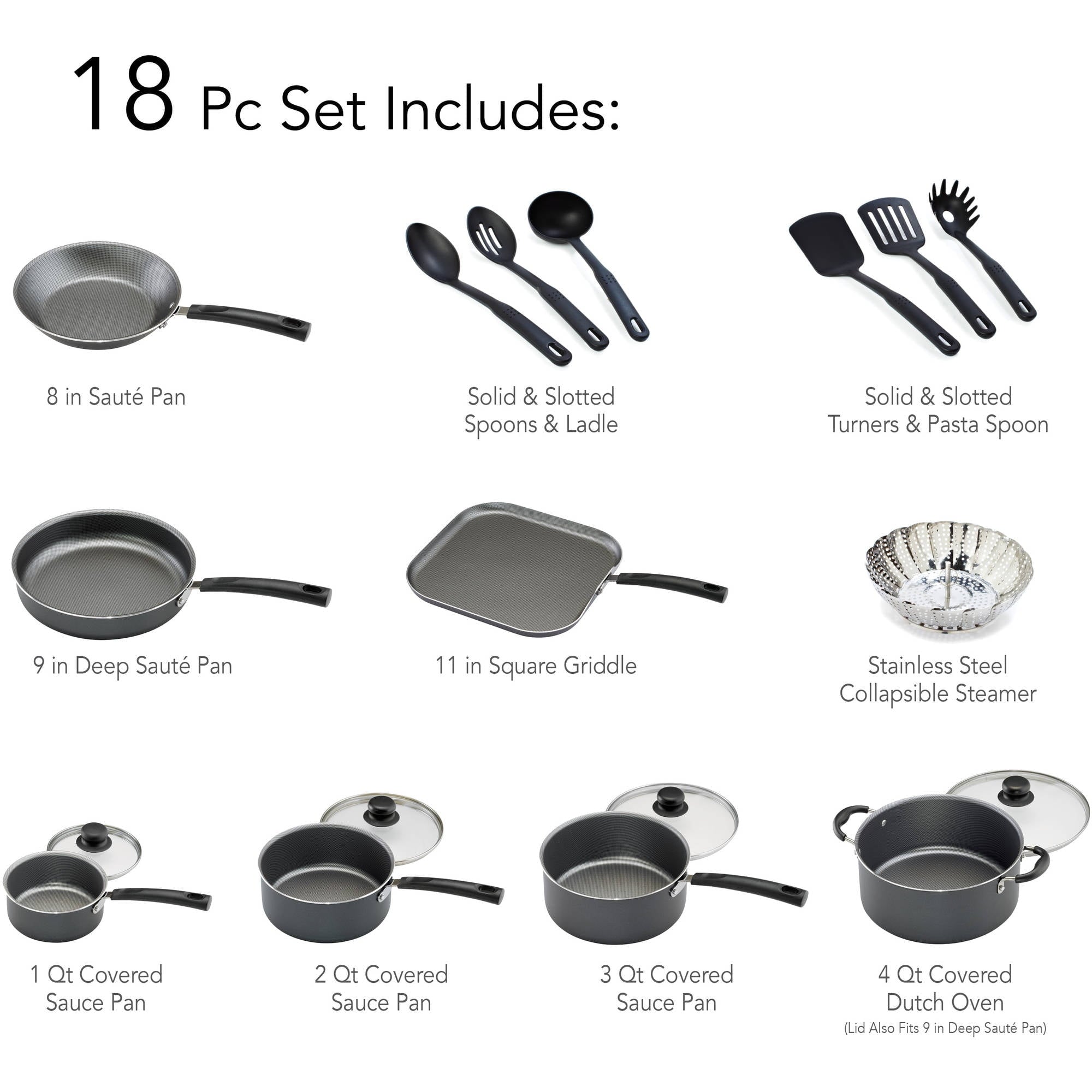 18-Piece Nonstick Cookware Set – Steel Gray