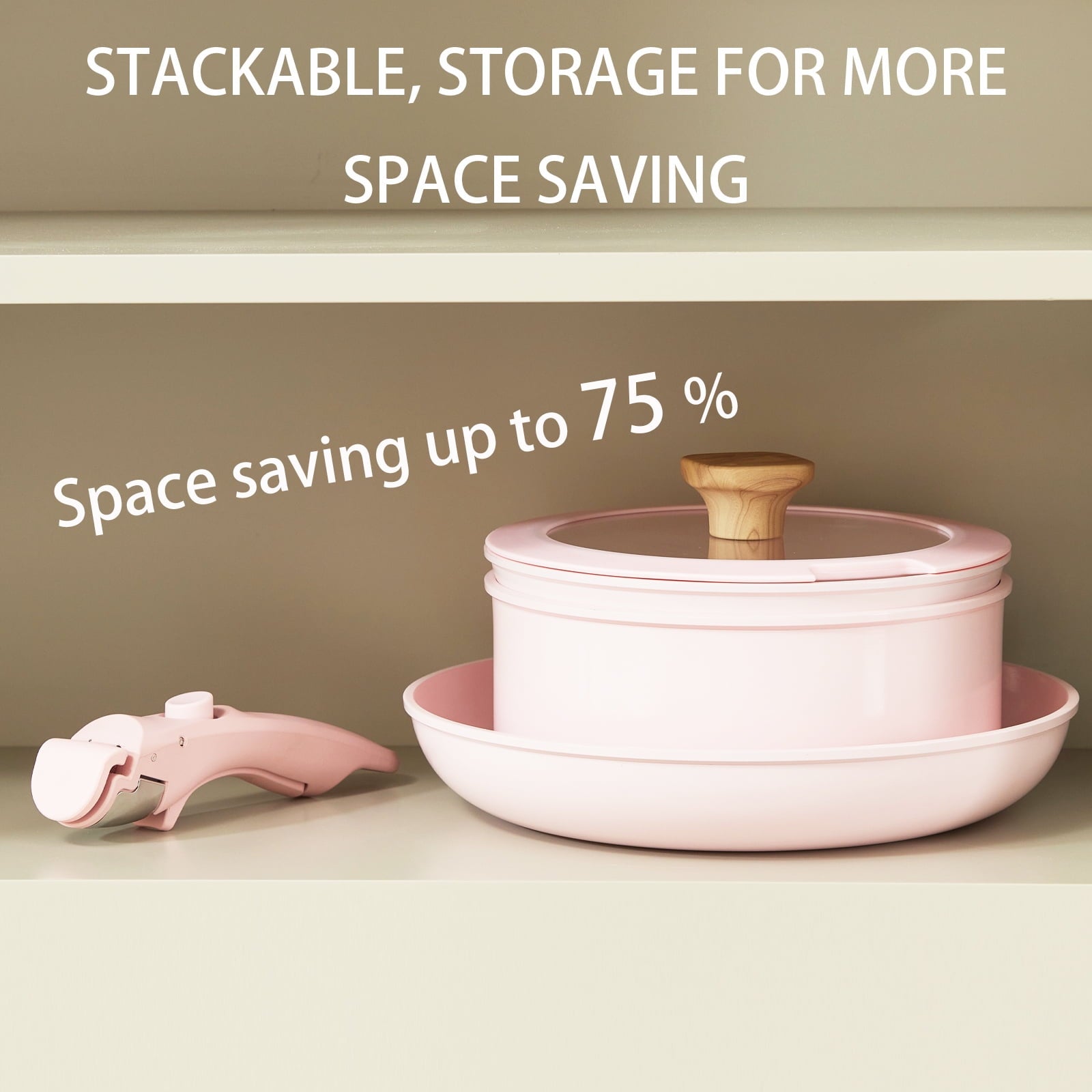 Pink Nonstick Ceramic Cookware Set – Detachable Handle, Oven & Dishwasher Safe