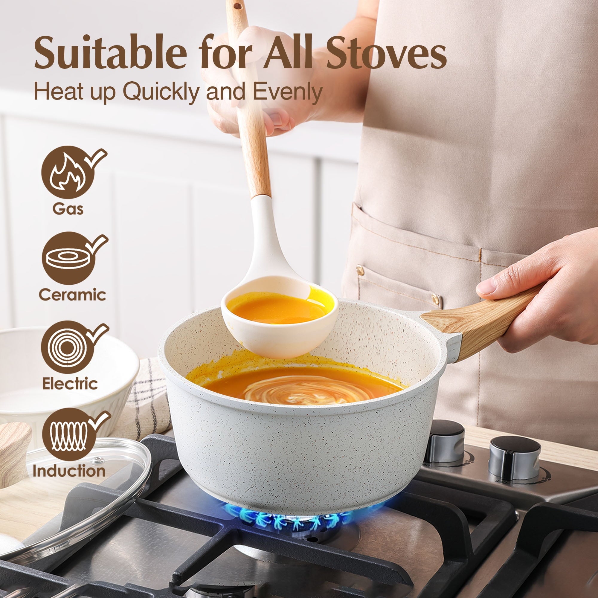 Ceramic Nonstick Pots and Pans Set, 10 Pieces Healthy Non Stick Cookware Set, Induction Kitchen Pan Sets White, PFAS and PFOA Free