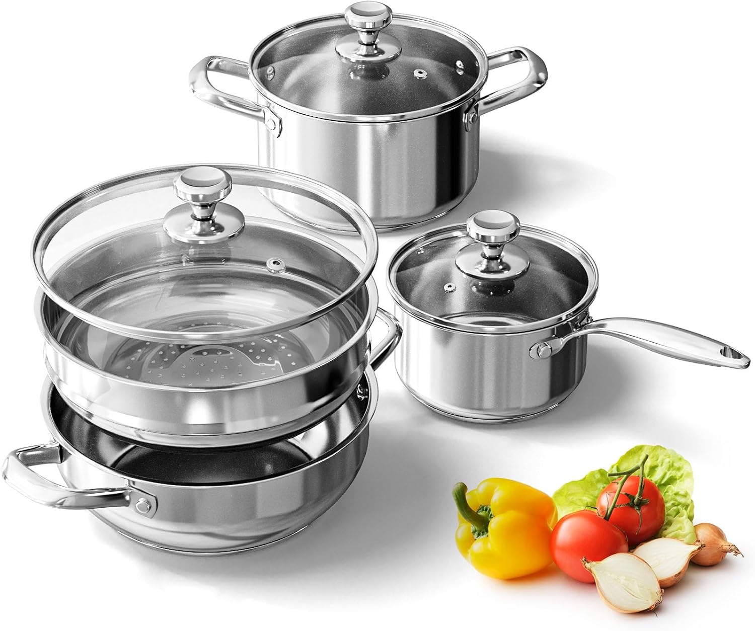 7-Piece Stainless Steel Cookware Set – Induction, Electric & Gas Compatible, Oven & Dishwasher Safe