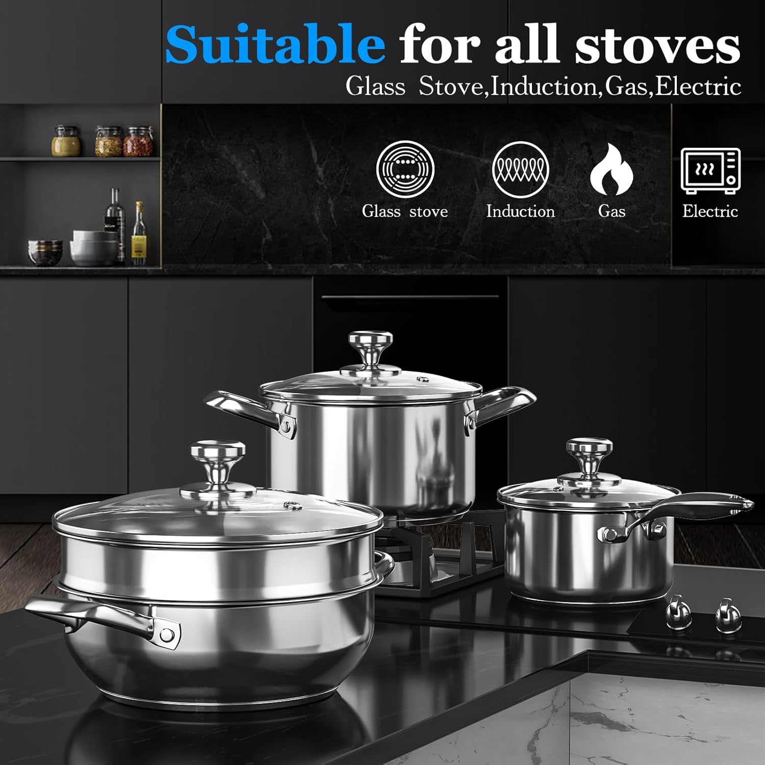 7-Piece Stainless Steel Cookware Set – Induction, Electric & Gas Compatible, Oven & Dishwasher Safe