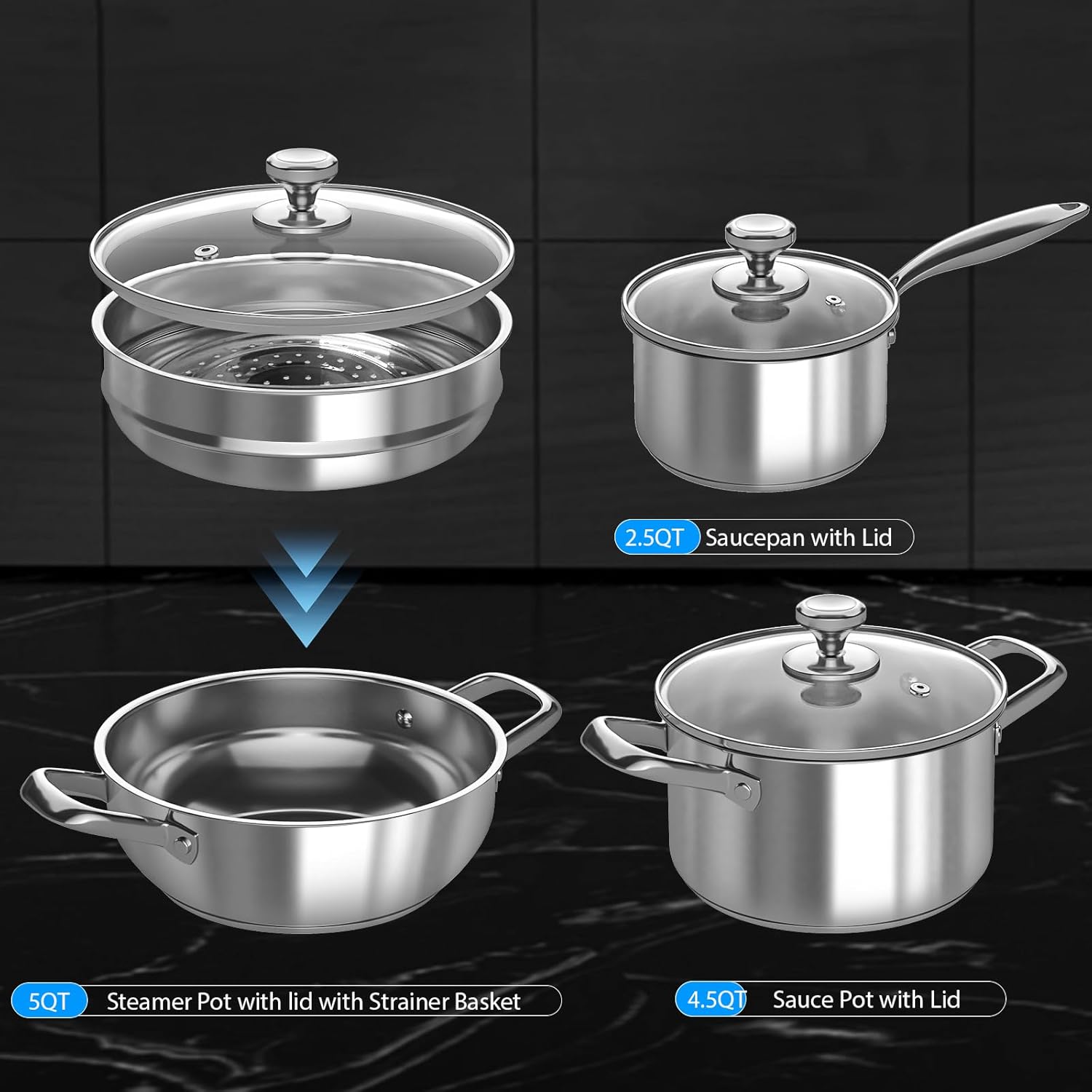 7-Piece Stainless Steel Cookware Set – Induction, Electric & Gas Compatible, Oven & Dishwasher Safe