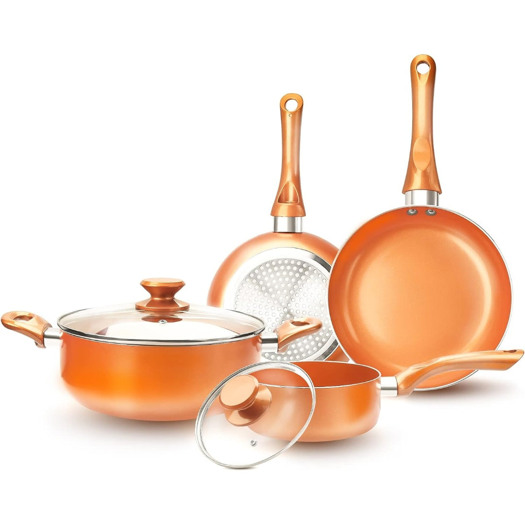 6-piece Nonstick Kitchen Cookware Set, Ceramic Coating Cooking Stock / Milk Pot/Frying Pans, Copper Aluminum Pan with Lid, Induction/Gas Kitchenware