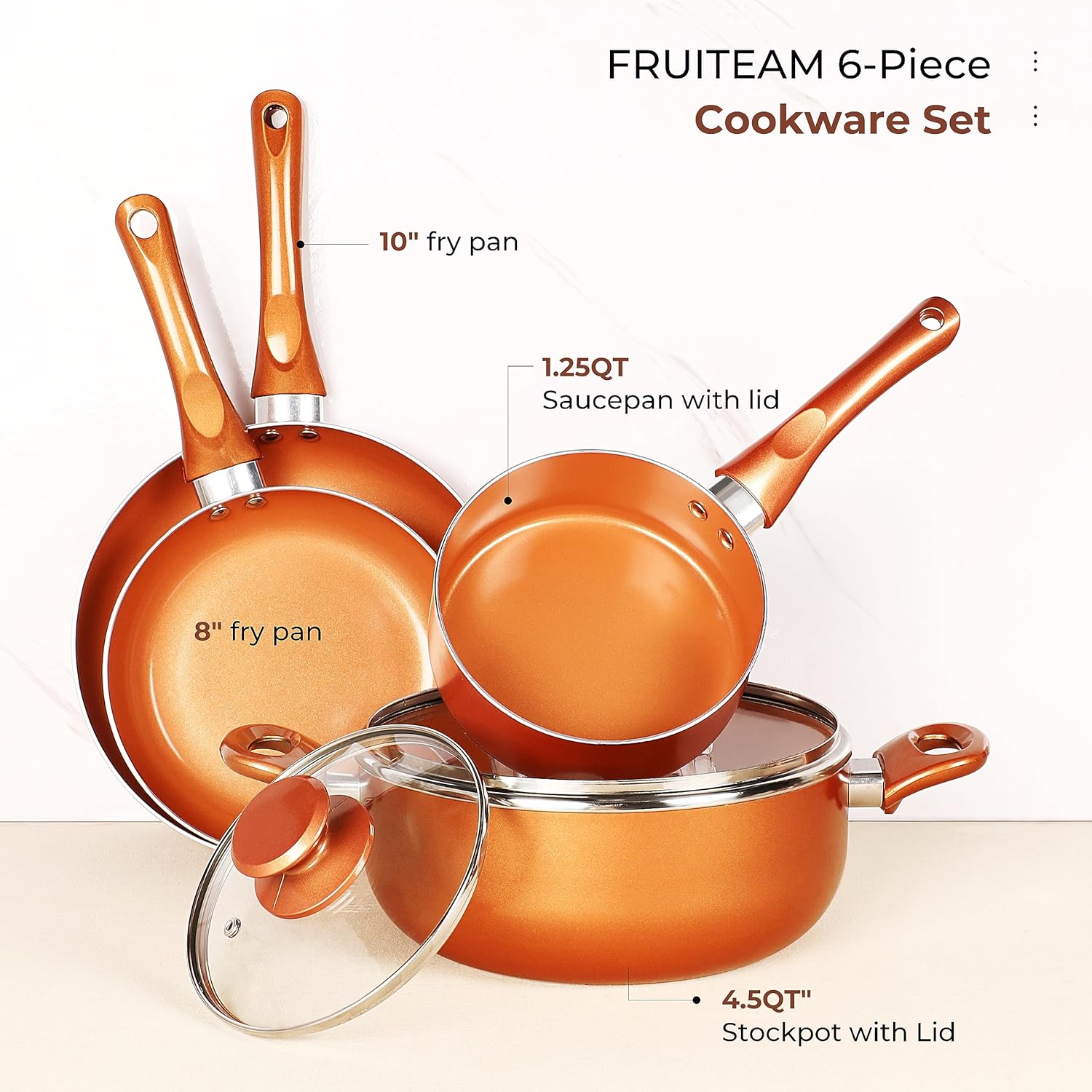 6-piece Nonstick Kitchen Cookware Set, Ceramic Coating Cooking Stock / Milk Pot/Frying Pans, Copper Aluminum Pan with Lid, Induction/Gas Kitchenware