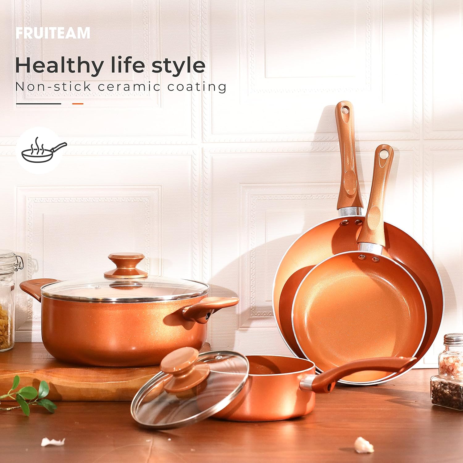 6-piece Nonstick Kitchen Cookware Set, Ceramic Coating Cooking Stock / Milk Pot/Frying Pans, Copper Aluminum Pan with Lid, Induction/Gas Kitchenware