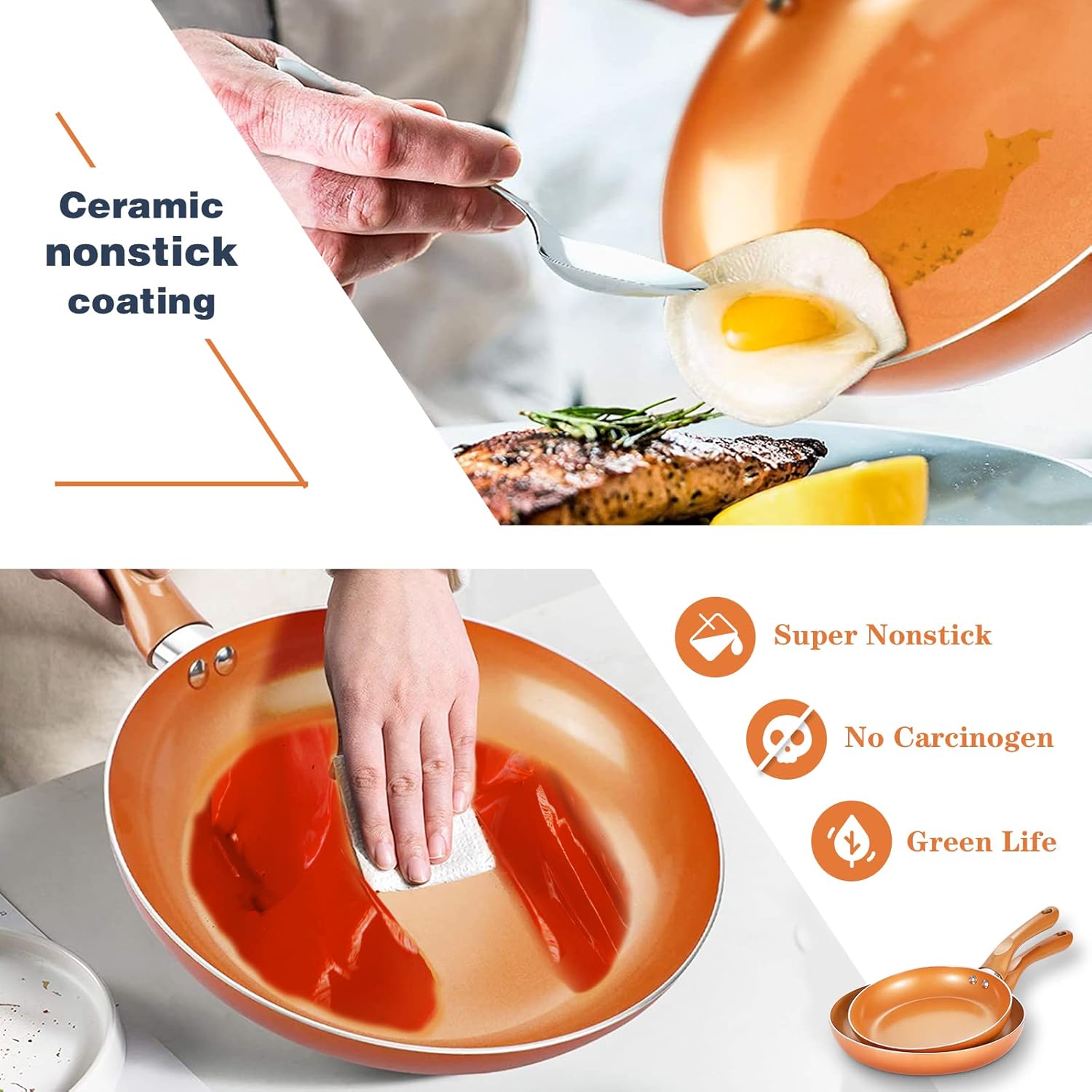 6-piece Nonstick Kitchen Cookware Set, Ceramic Coating Cooking Stock / Milk Pot/Frying Pans, Copper Aluminum Pan with Lid, Induction/Gas Kitchenware