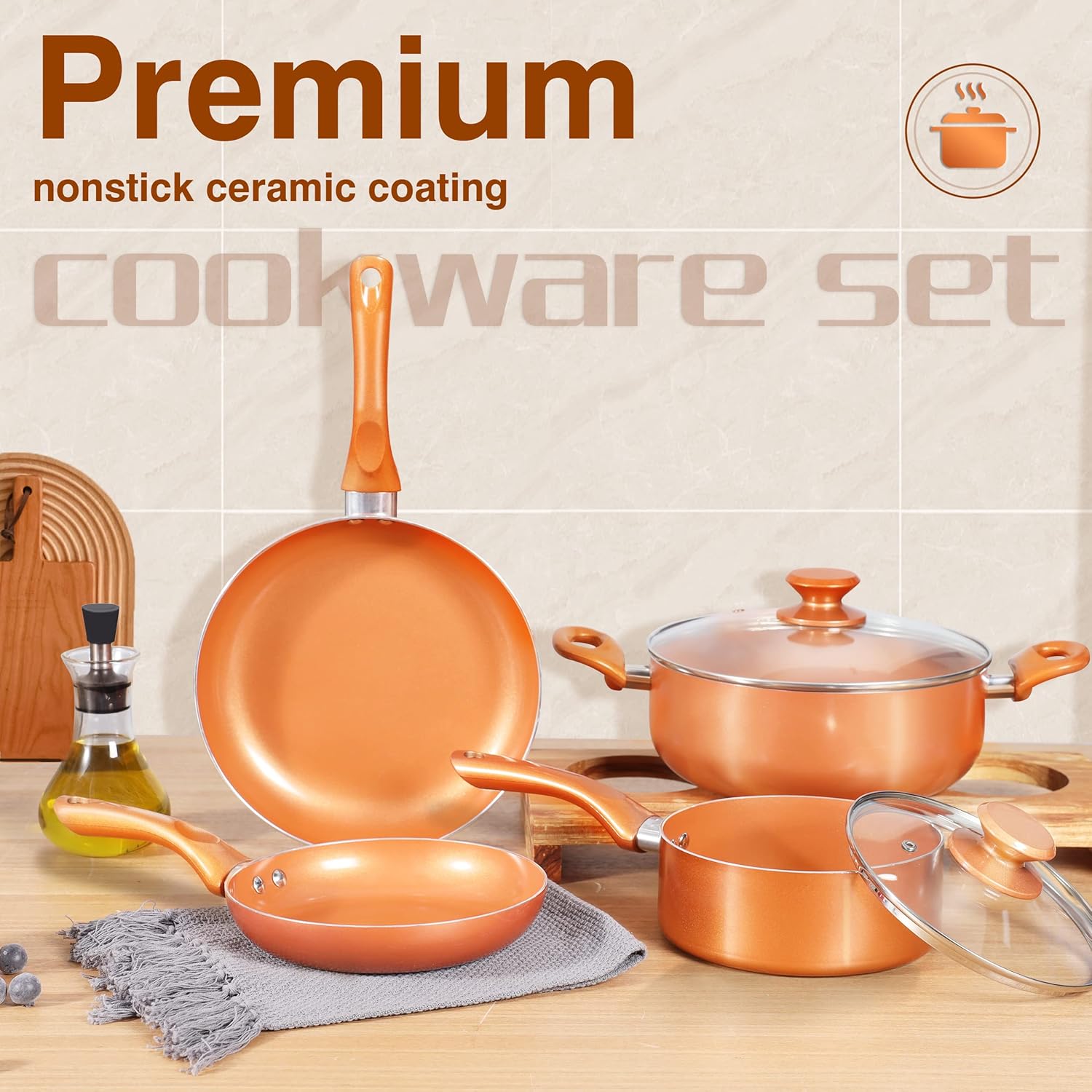 6-piece Nonstick Kitchen Cookware Set, Ceramic Coating Cooking Stock / Milk Pot/Frying Pans, Copper Aluminum Pan with Lid, Induction/Gas Kitchenware