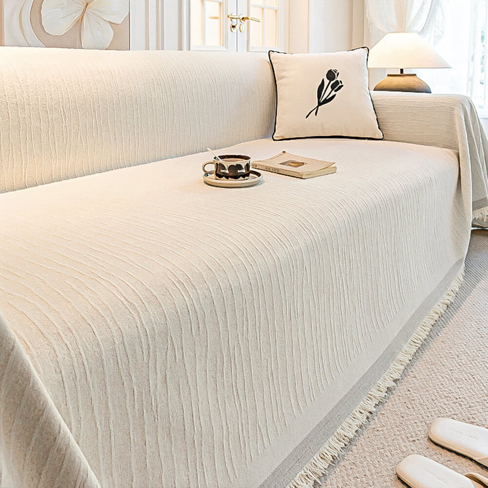 Cream Chenille Textured Anti-Scratch Pet-Friendly Couch Throw Cover