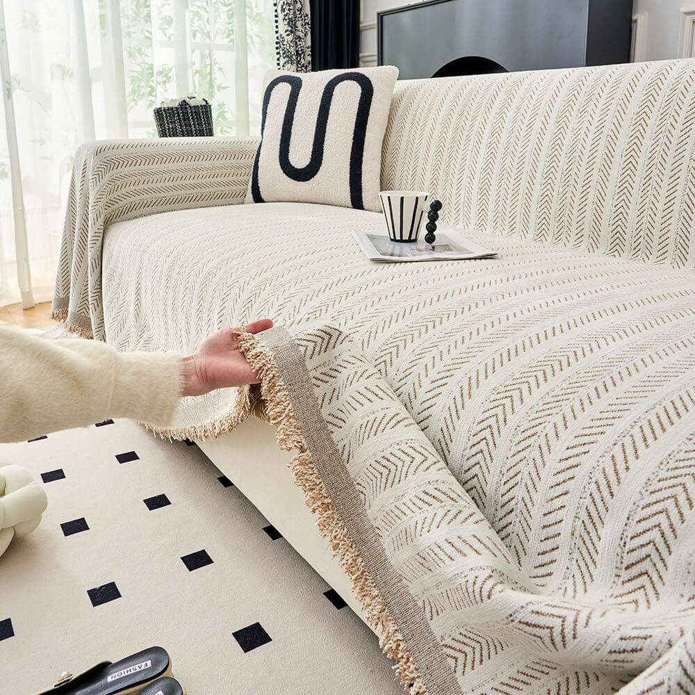 Elegant Herringbone Chenille Textured Sofa Throw Cover