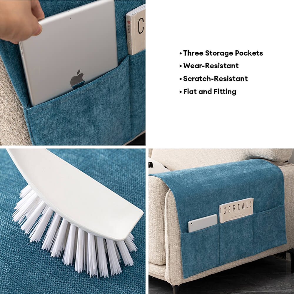 Chenille Anti-Scratch Sofa Armrest Cover with Magazine Holder, Comfortable Couch Protector for Living Room Furniture