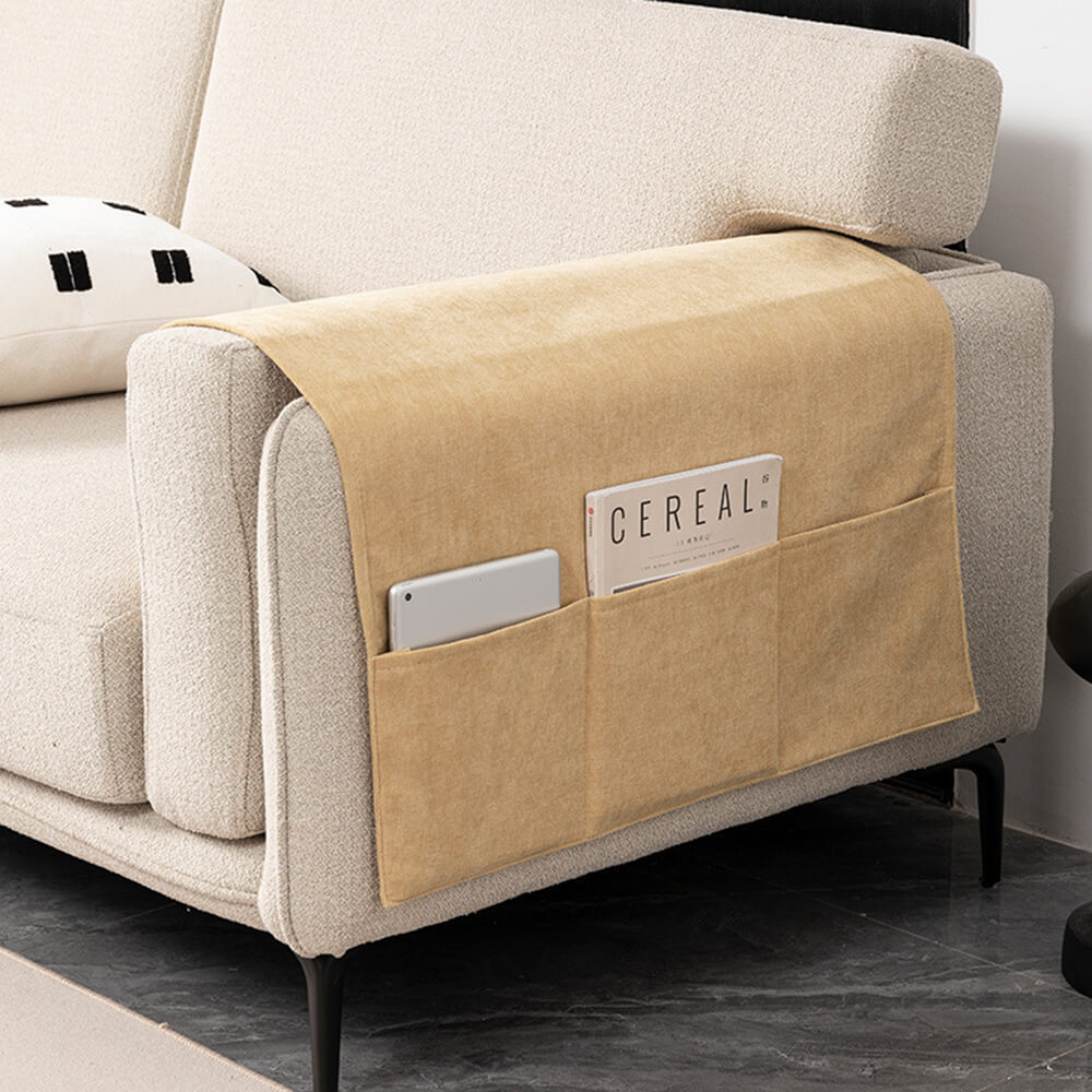 Chenille Anti-Scratch Sofa Armrest Cover with Magazine Holder, Comfortable Couch Protector for Living Room Furniture