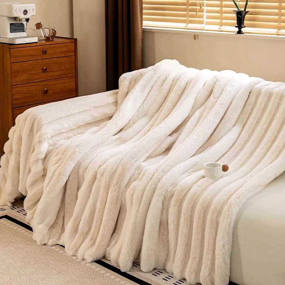 Cream Wide-Striped Faux Rabbit Fur One Piece Full Coverage Couch Cover