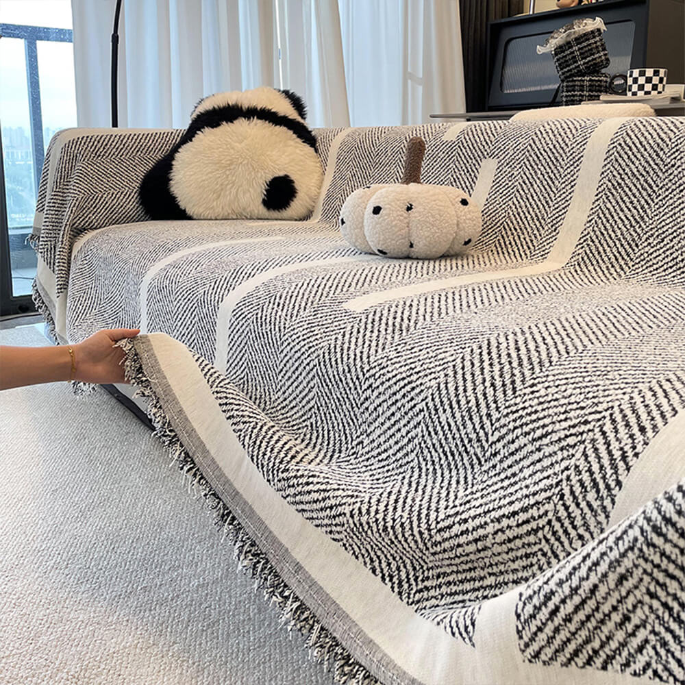 Herringbone Pattern Fringed Chenille Sofa Throw Cover