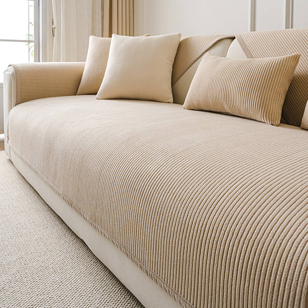 Modern Cream Vertical Stripes Fleece All-Season Sofa Cover