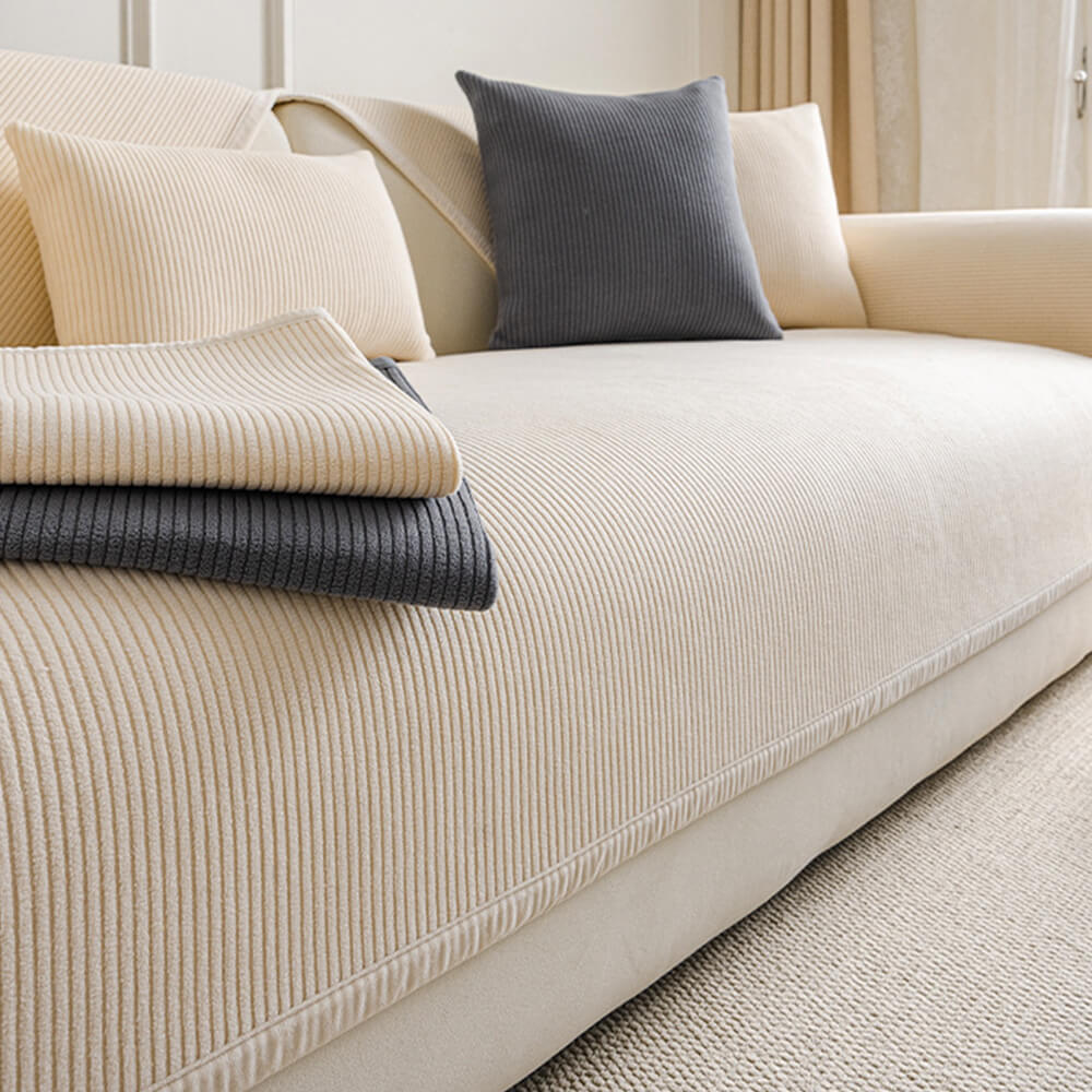 Modern Cream Vertical Stripes Fleece All-Season Sofa Cover