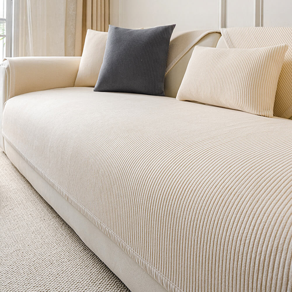 Modern Cream Vertical Stripes Fleece All-Season Sofa Cover