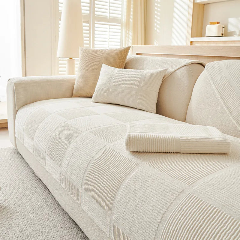 Plush Cream Geometric All-Season Non-Slip Sofa Cover