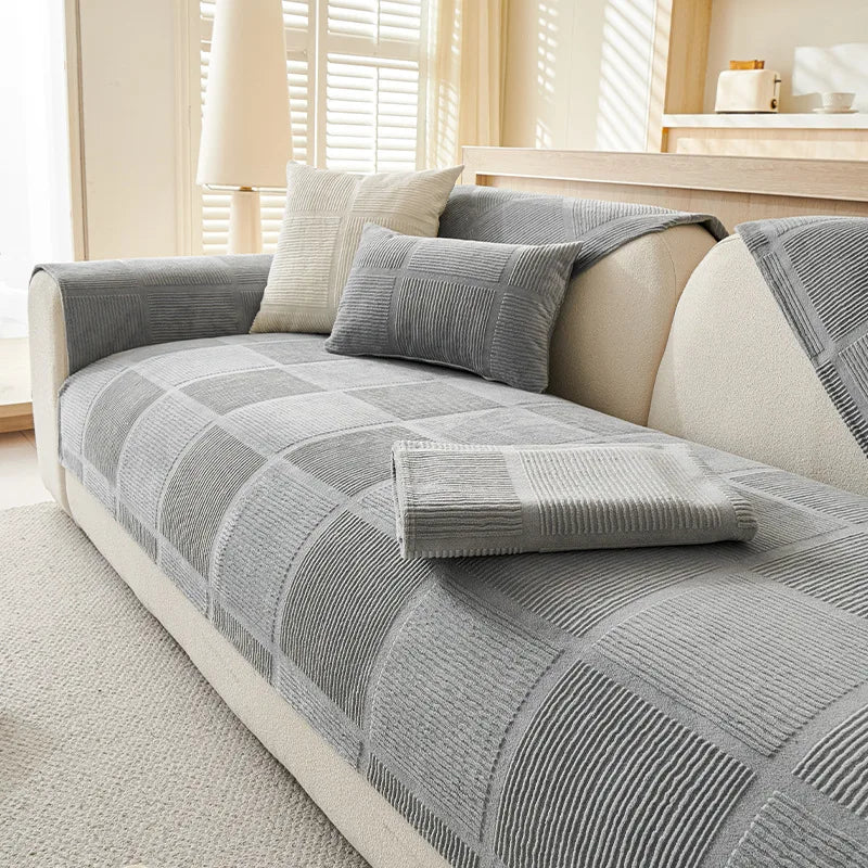 Plush Cream Geometric All-Season Non-Slip Sofa Cover