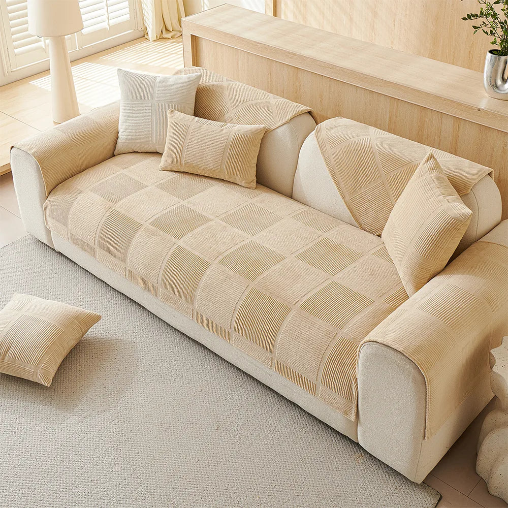 Plush Cream Geometric All-Season Non-Slip Sofa Cover