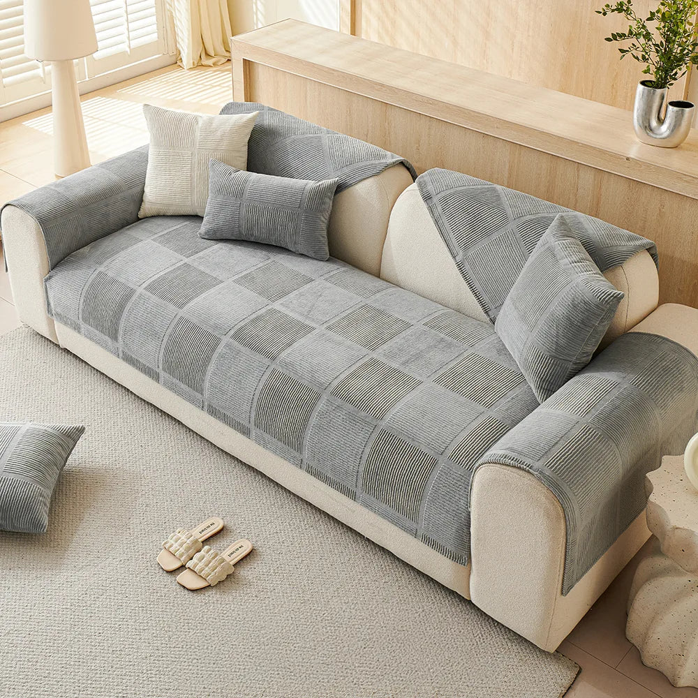 Plush Cream Geometric All-Season Non-Slip Sofa Cover