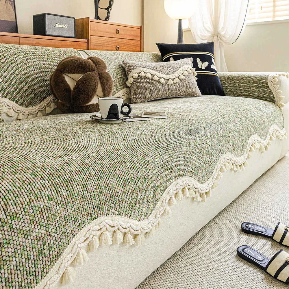 Chic Chenille Bouclé Non-Slip Sofa Cover with Wavy Tassel Trim
