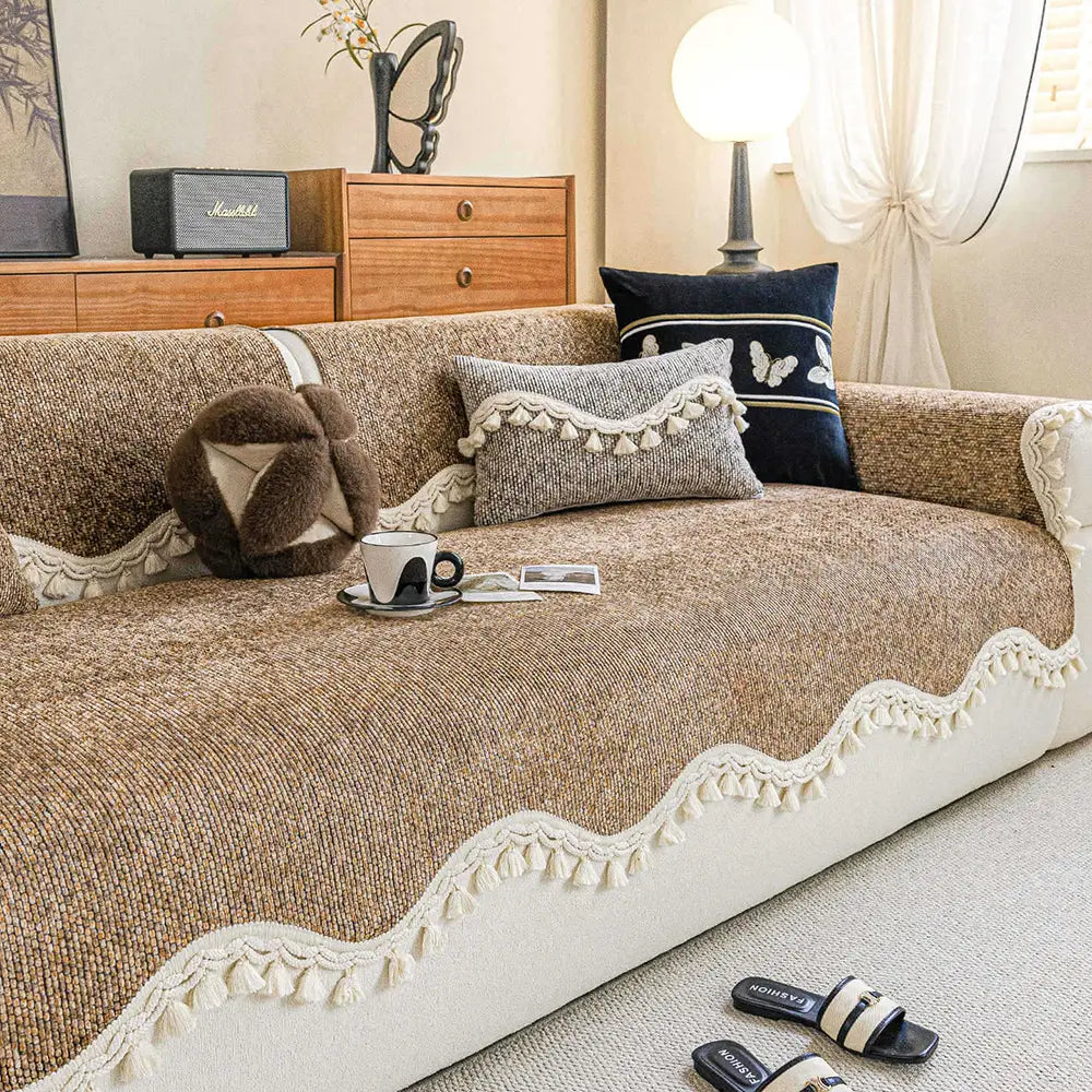 Chic Chenille Bouclé Non-Slip Sofa Cover with Wavy Tassel Trim