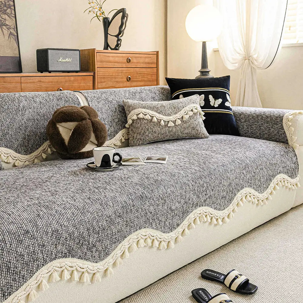 Chic Chenille Bouclé Non-Slip Sofa Cover with Wavy Tassel Trim
