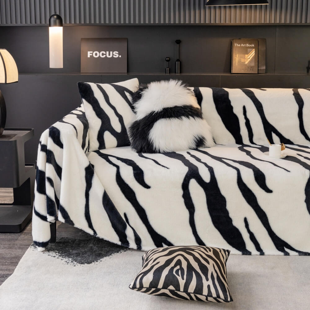 Luxurious Zebra-Print Fluffy Plush Sofa Protector Stylish Couch Cover