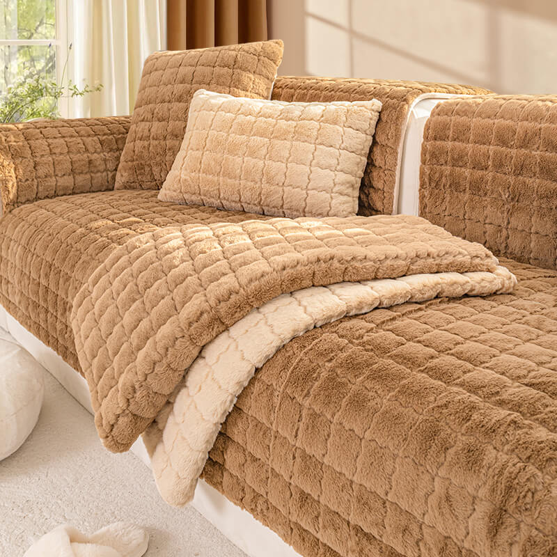 Plush Thickened Non-Slip Sofa Cushion, Four-Season Universal L-Shaped Cover, Rabbit Plush Light Luxury Style
