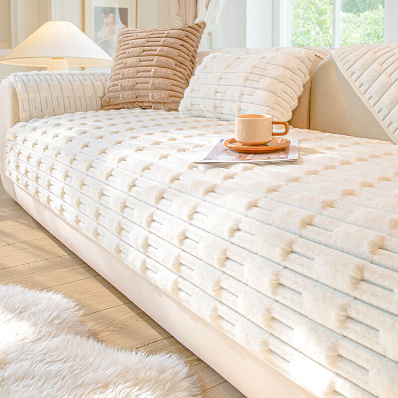 Rabbit Velvet Plush Sofa Cushion, Winter Thickened Non-Slip Leather Sofa Cover