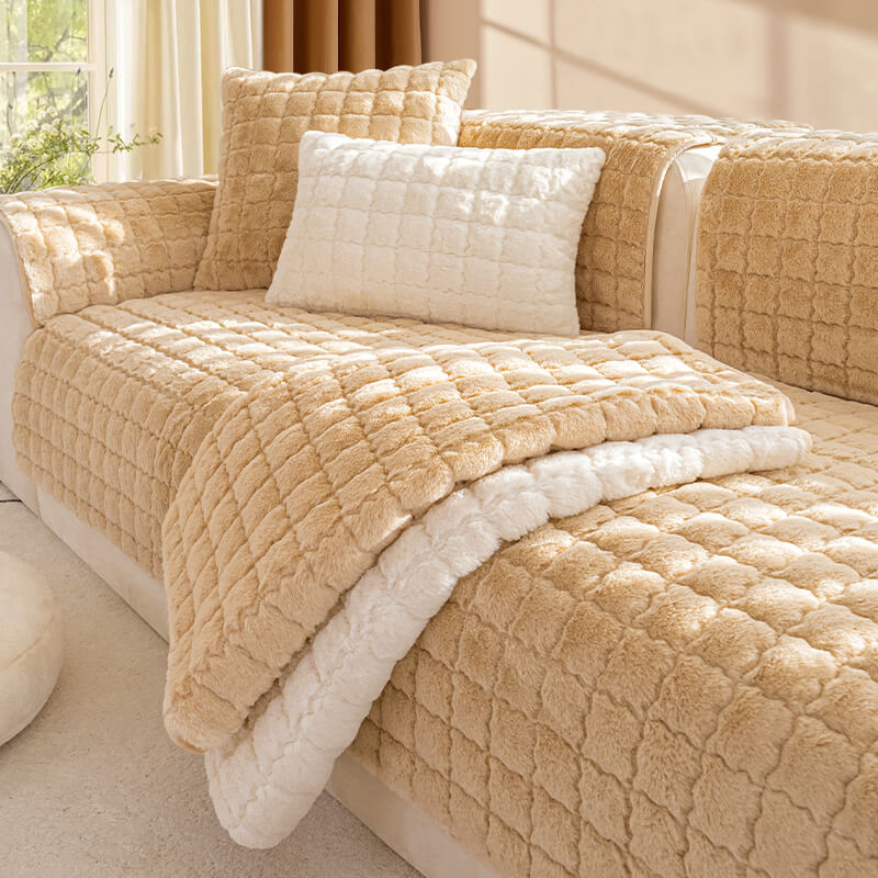 Plush Thickened Non-Slip Sofa Cushion, Four-Season Universal L-Shaped Cover, Rabbit Plush Light Luxury Style