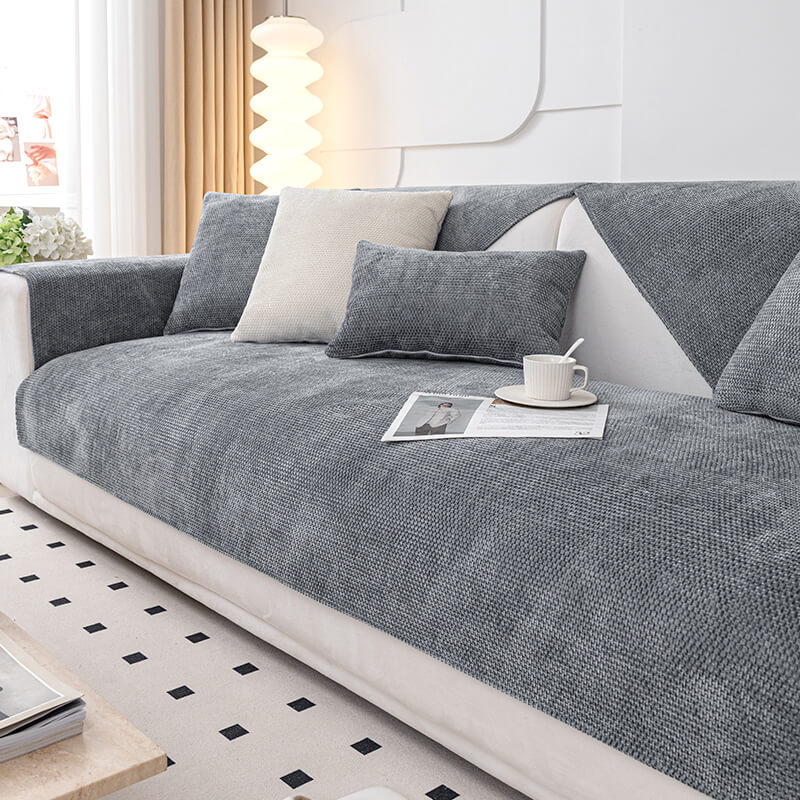 Chenille Sofa Cushion, Four-Season Universal Non-Slip L-Shaped Sofa Cover, Solid Color Cover Cloth