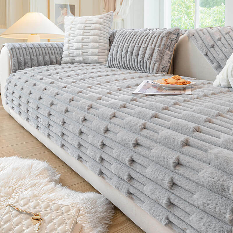 Rabbit Velvet Plush Sofa Cushion, Winter Thickened Non-Slip Leather Sofa Cover