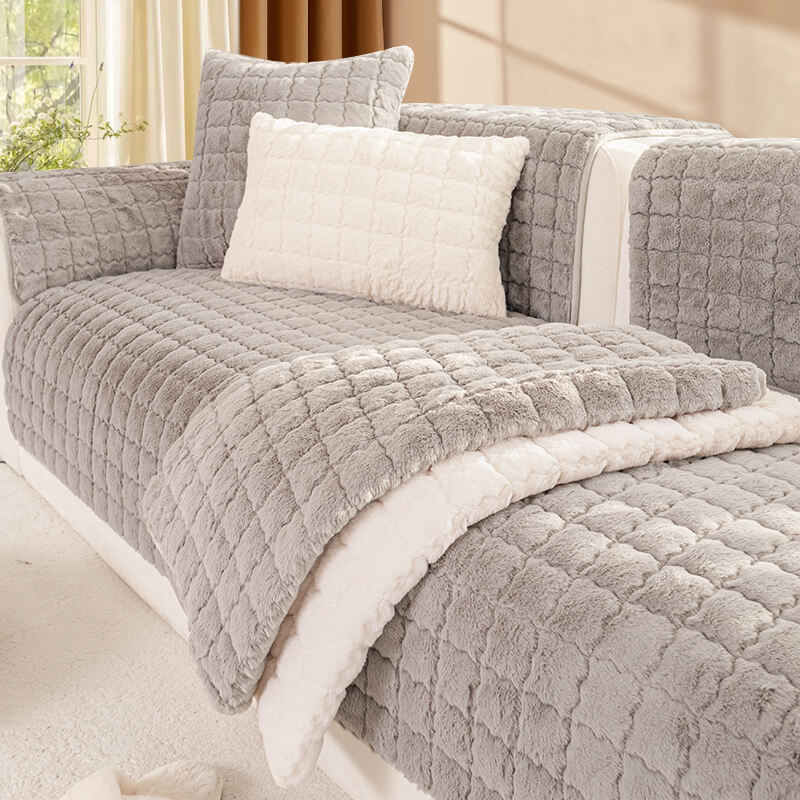 Plush Thickened Non-Slip Sofa Cushion, Four-Season Universal L-Shaped Cover, Rabbit Plush Light Luxury Style