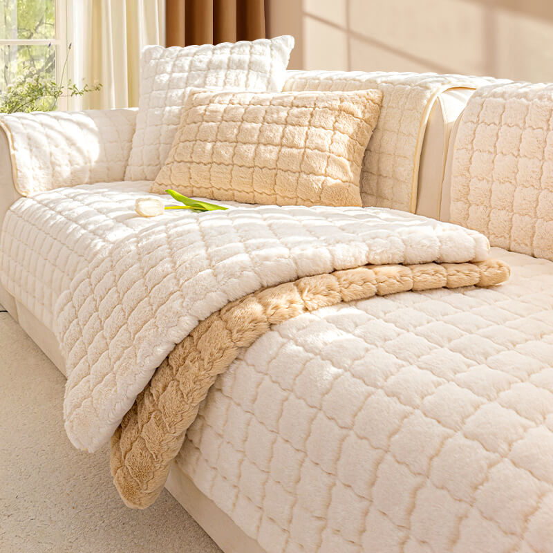 Plush Thickened Non-Slip Sofa Cushion, Four-Season Universal L-Shaped Cover, Rabbit Plush Light Luxury Style