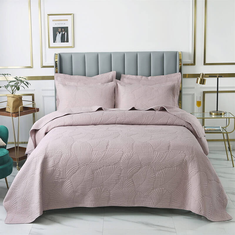 Solid Color Leaves Double-Sided Embroidery Bed Cover, European Style Minimalist Cotton Luxury Three-Piece Set