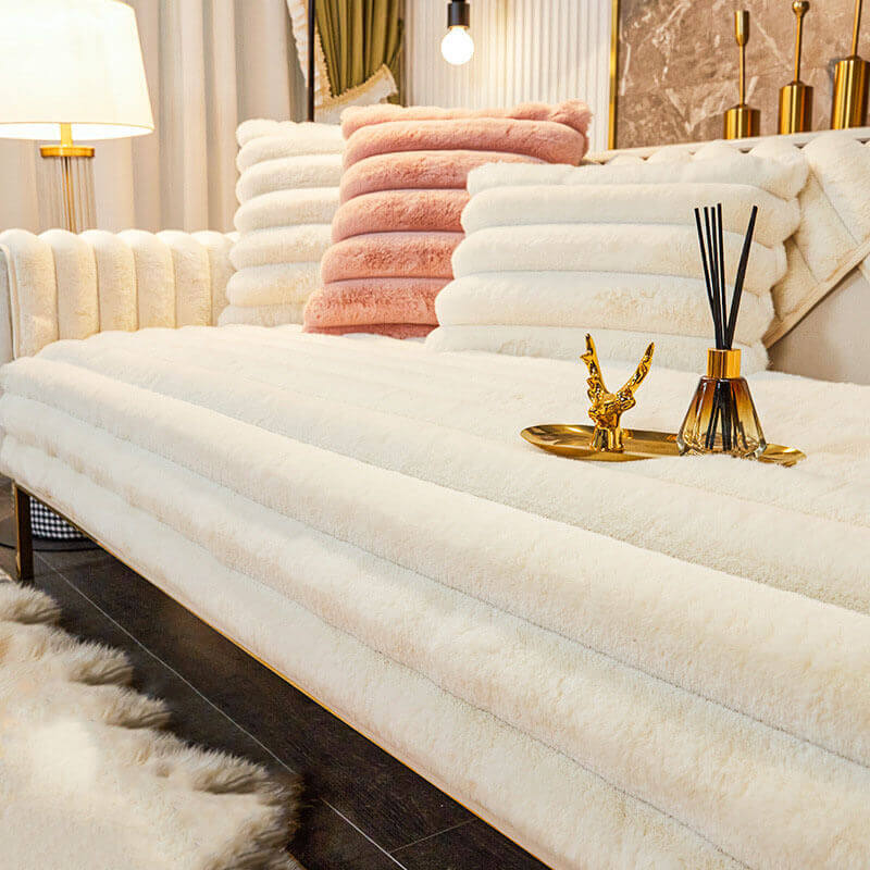 Rabbit Plush Sofa Cushion, Thickened Non-Slip L-Shaped Sofa Cover, Universal Towel Protector