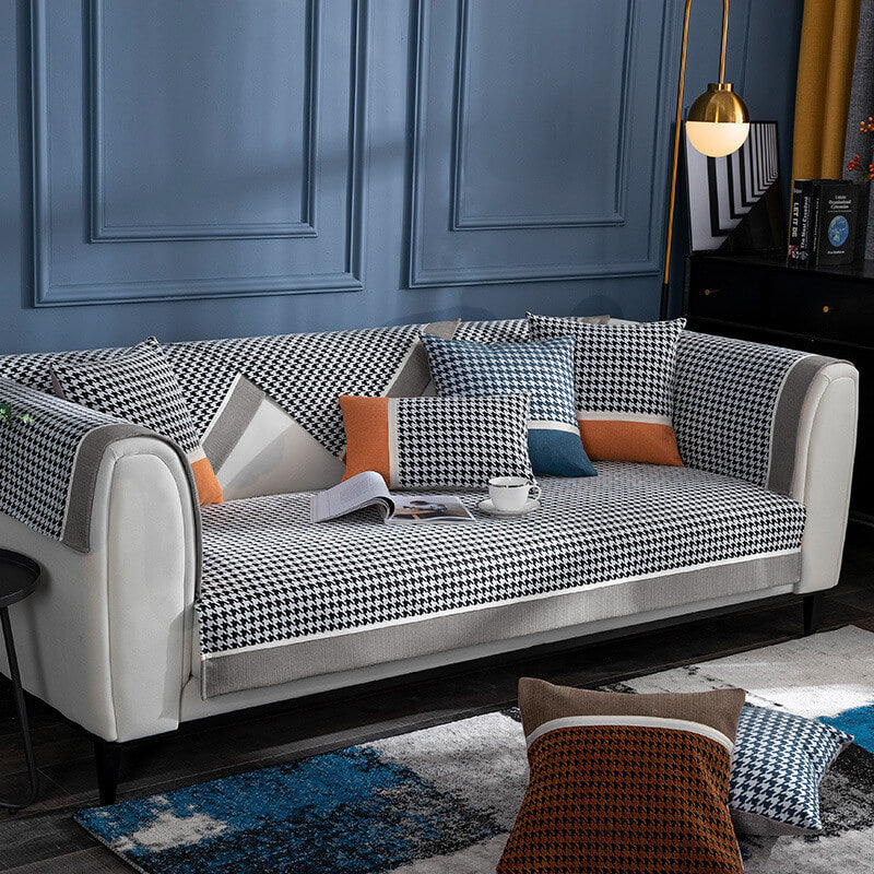 Classic Houndstooth Print Chenille Non-Slip Sofa Cover