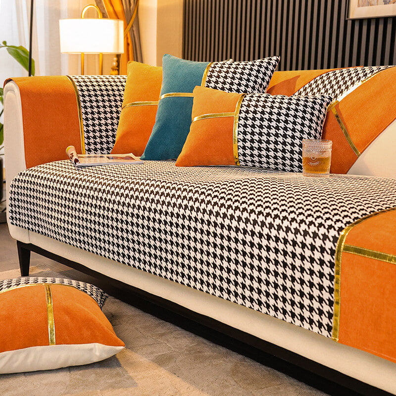 Classic Houndstooth Print Chenille Non-Slip Sofa Cover