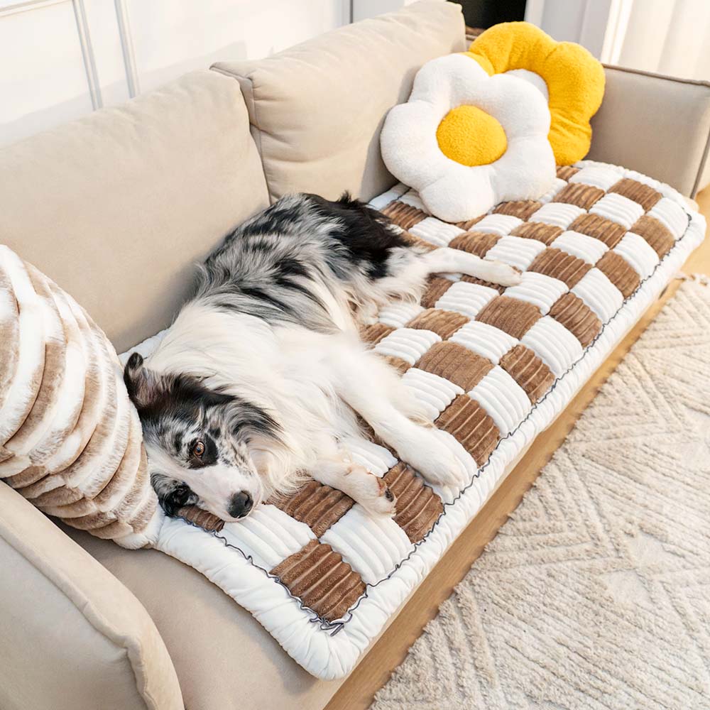Couverture de canapé de lit de tapis carré pour animaux de compagnie à grand carreaux de couleur crème