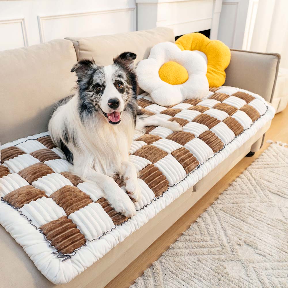 Couverture de canapé de lit de tapis carré pour animaux de compagnie à grand carreaux de couleur crème