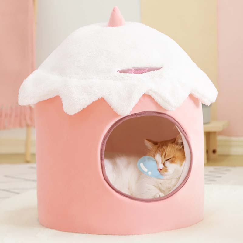 Lit grotte pour chat semi-fermé crème glacée rose et lapin