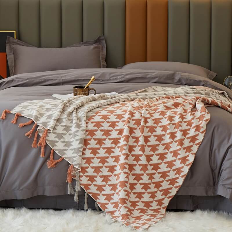 Colorblocked Fringe Sofa Blanket Knitted Coverlet